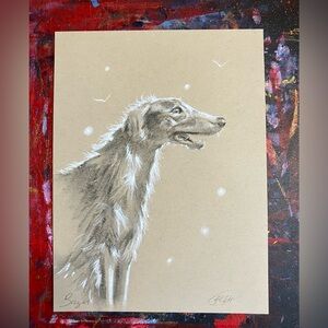 Original Borzoi Dog painting Art Charcoal Pastel Russian canine tonal decor EAEH